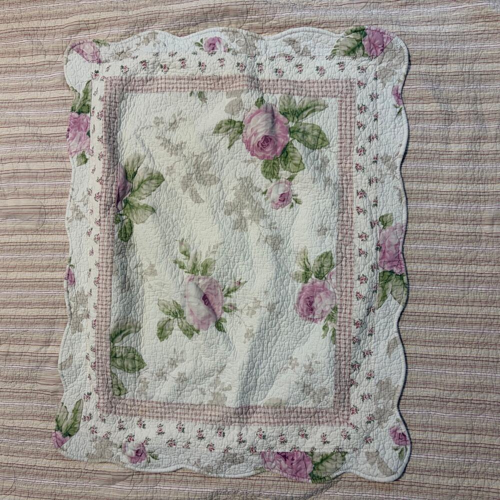 Laura Ashley Twin Floral White Pink Cottage Reversible Quilted Blanket Sham Set